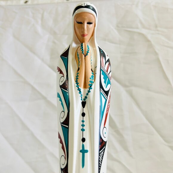 Navajo Virgin Mary Figurine Madonna Southwest Hand Painted Ceramic Signed 13" - Picture 4 of 16